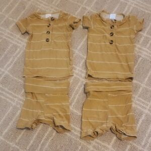 Twin Boy Mustard Striped Button-Up Baby Outfit Set X2